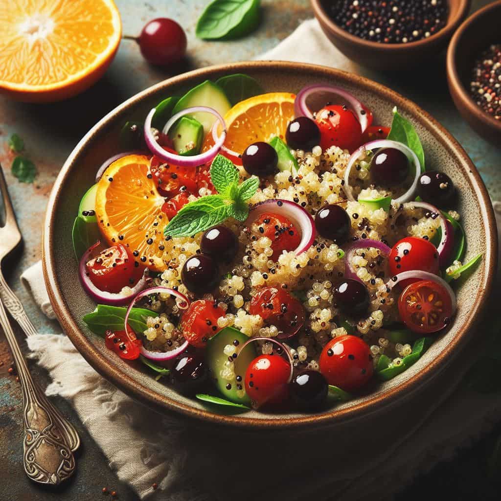 Assembly of Quinoa salad with balsamic vinaigrette